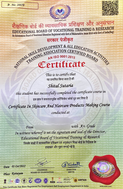 Our co founder, Mrs. Shital, is a certified expert in product formulation and has been awarded an A+ grade for excellence.